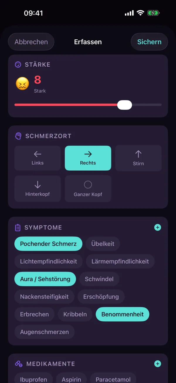 4Migraine — Stärke, Schmerzort, Symptome